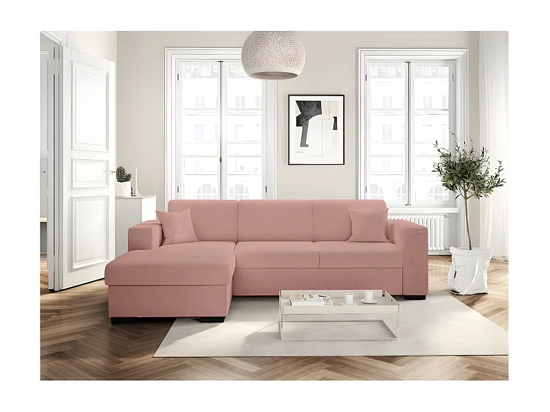 Canapé d'angle gauche 4 places Fuji XL convertible avec coffre en tissu bouclette - Rose - L262 x P157 x H83cm - Loungitude