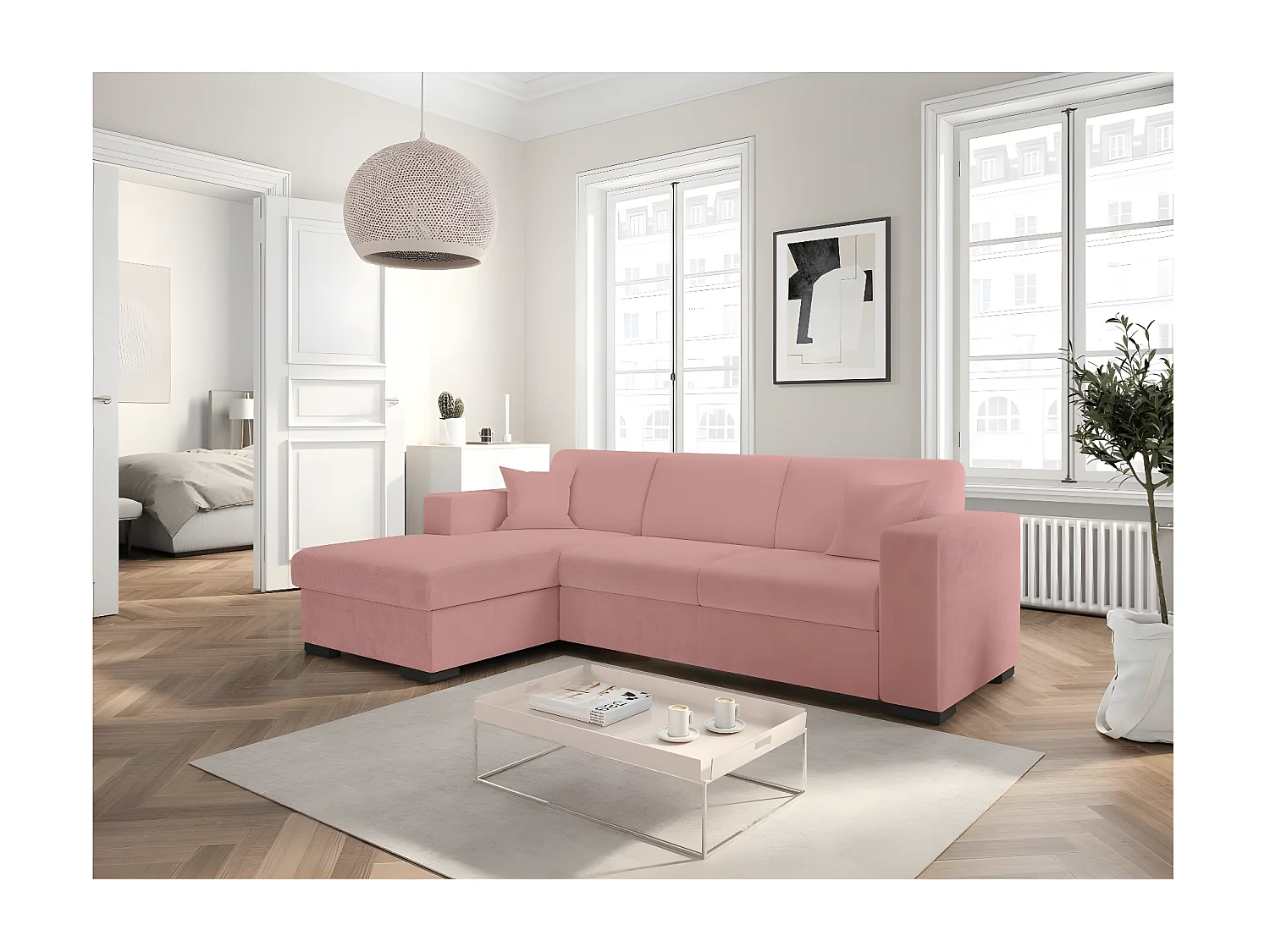 Canapé d'angle gauche 4 places Fuji XL convertible avec coffre en tissu bouclette - Rose - L262 x P157 x H83cm - Loungitude