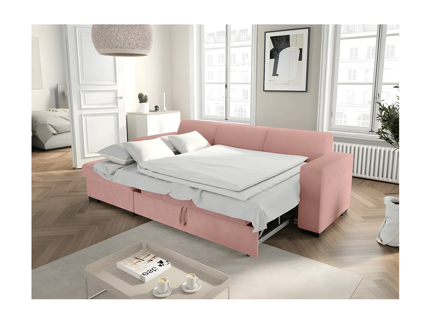 Canapé d'angle gauche 4 places Fuji XL convertible avec coffre en tissu bouclette - Rose - L262 x P157 x H83cm - Loungitude