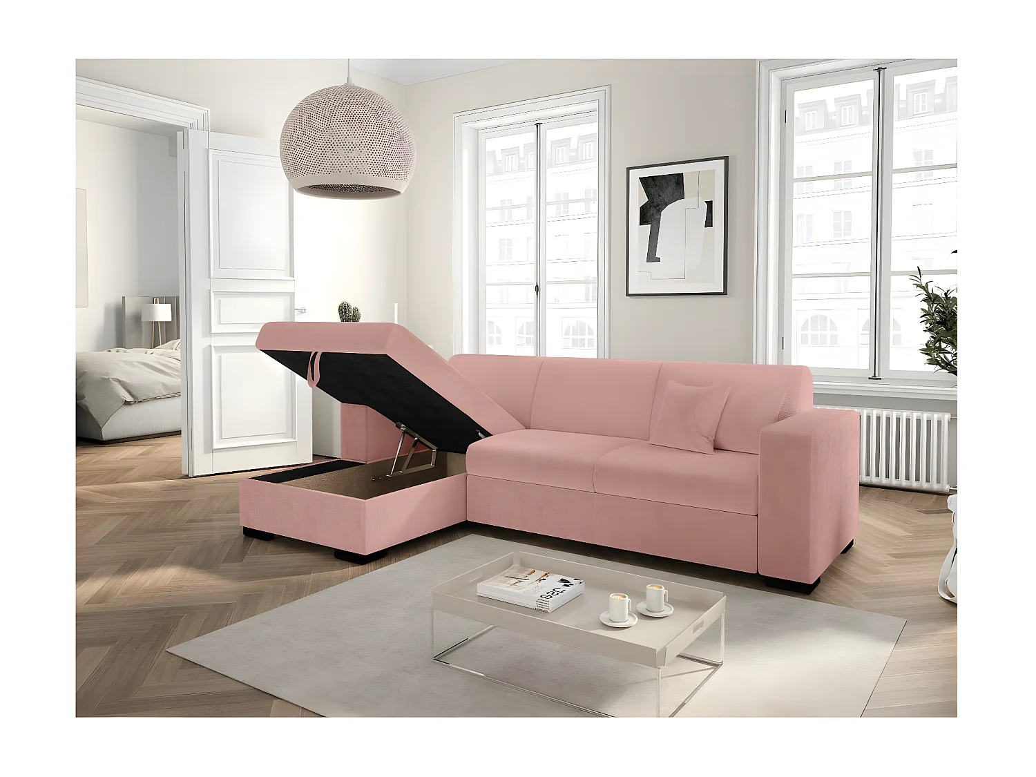 Canapé d'angle gauche 4 places Fuji XL convertible avec coffre en tissu bouclette - Rose - L262 x P157 x H83cm - Loungitude