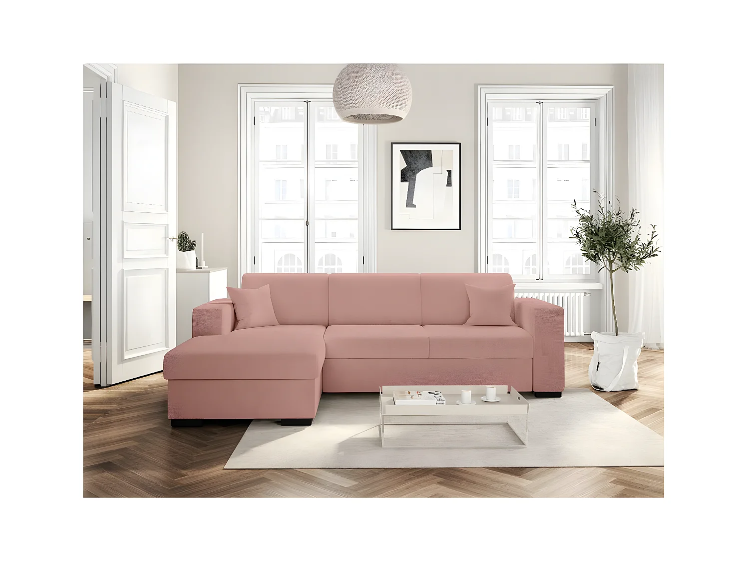 Canapé d'angle gauche 4 places Fuji XL convertible avec coffre en tissu bouclette - Rose - L262 x P157 x H83cm - Loungitude