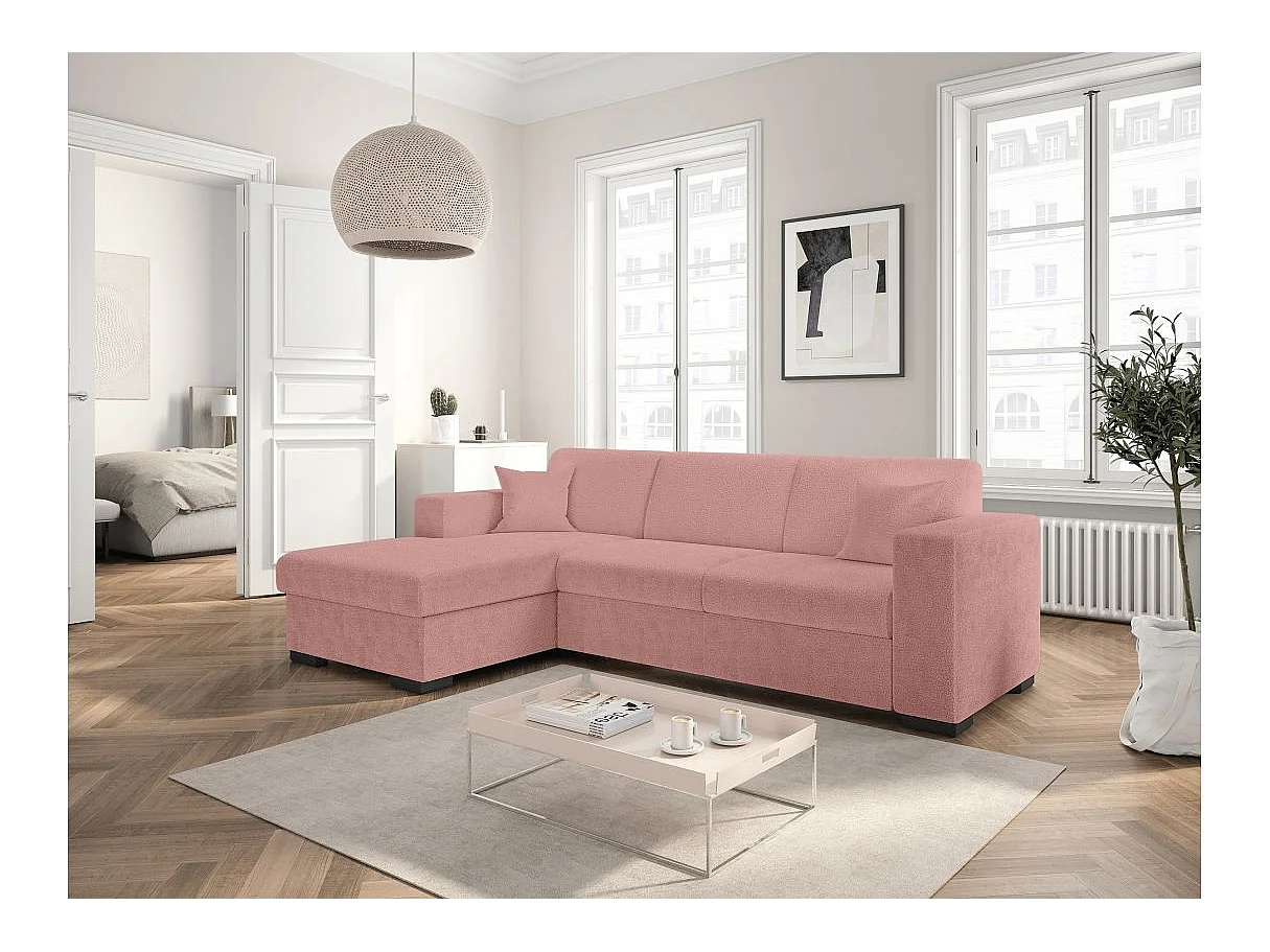 Canapé d'angle convertible 4 places avec coffre en tissu rose FUJI