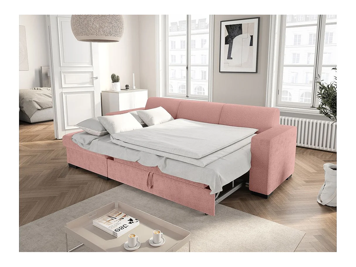 Canapé d'angle convertible 4 places avec coffre en tissu rose FUJI