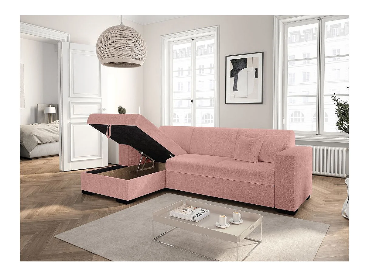 Canapé d'angle convertible 4 places avec coffre en tissu rose FUJI
