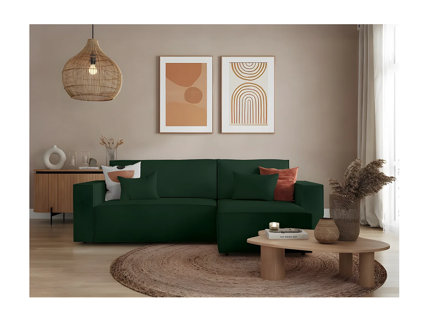 Canapé d'angle 3 places convertible réversible Clarisse avec coffre en tissu bouclette - Vert - L269 x P159 x H89cm - Loungitude