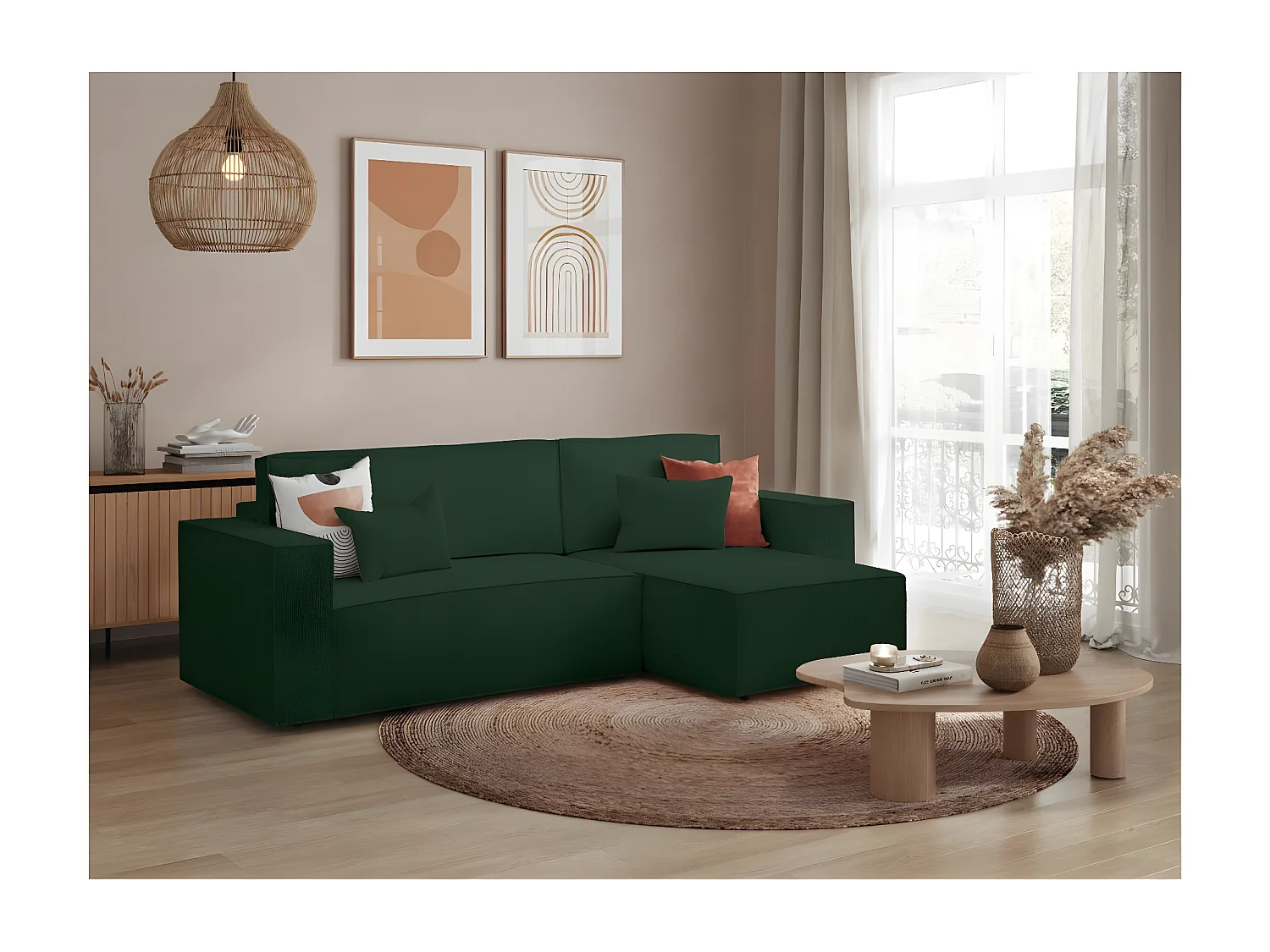 Canapé d'angle 3 places convertible réversible Clarisse avec coffre en tissu bouclette - Vert - L269 x P159 x H89cm - Loungitude