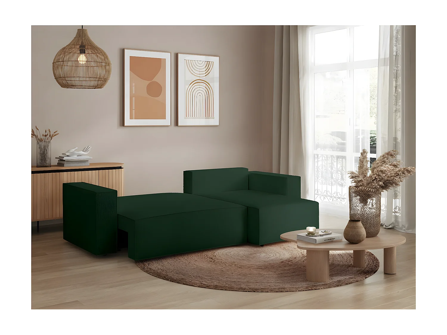 Canapé d'angle 3 places convertible réversible Clarisse avec coffre en tissu bouclette - Vert - L269 x P159 x H89cm - Loungitude