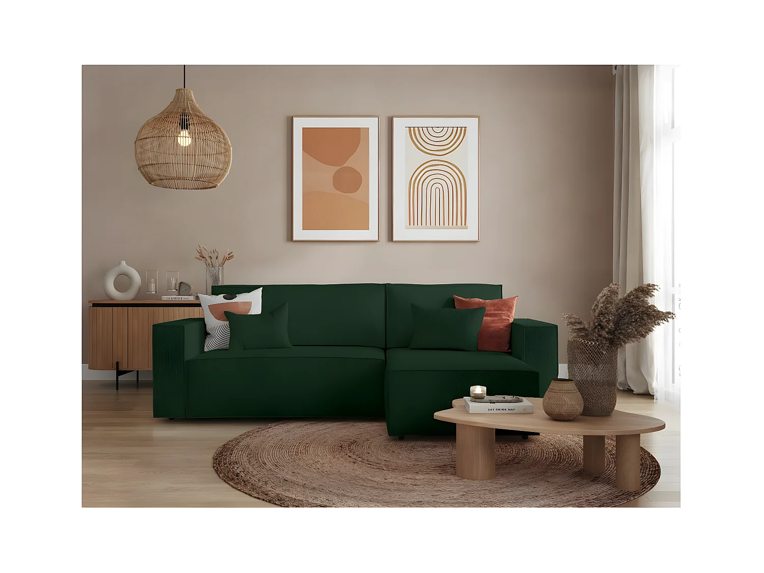 Canapé d'angle 3 places convertible réversible Clarisse avec coffre en tissu bouclette - Vert - L269 x P159 x H89cm - Loungitude