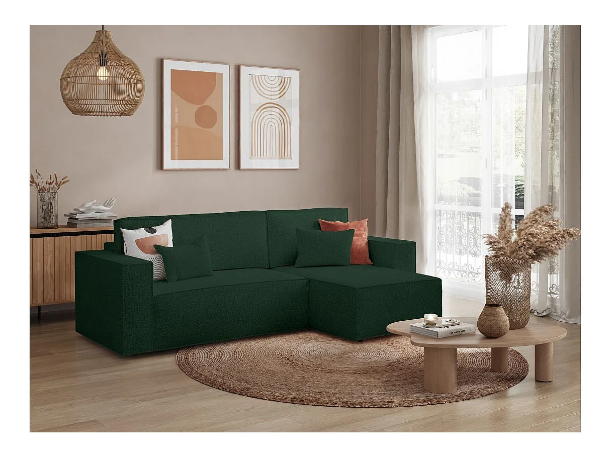 Canapé d'angle 3 places convertible réversible Clarisse avec coffre en tissu bouclette - Vert - L269 x P159 x H89cm - Loungitude