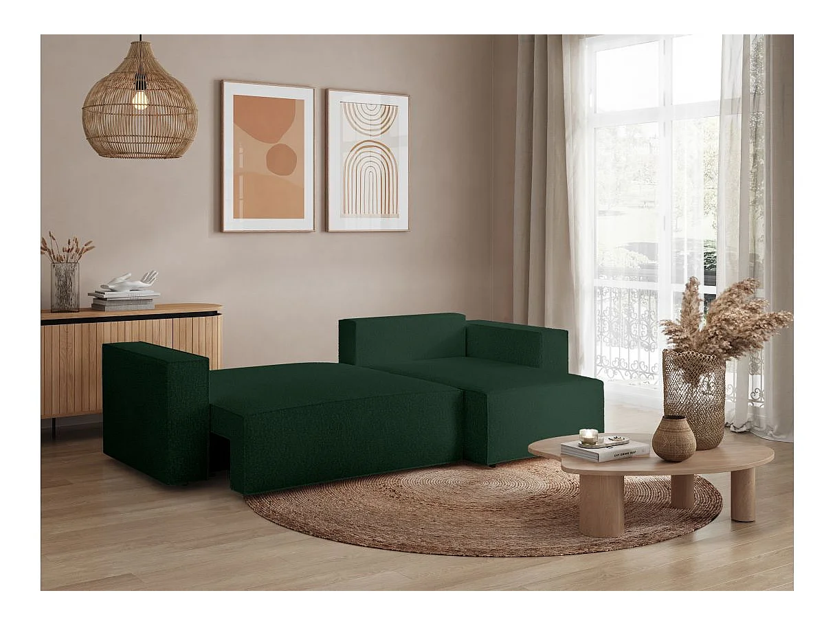 Canapé d'angle 3 places convertible réversible Clarisse avec coffre en tissu bouclette - Vert - L269 x P159 x H89cm - Loungitude