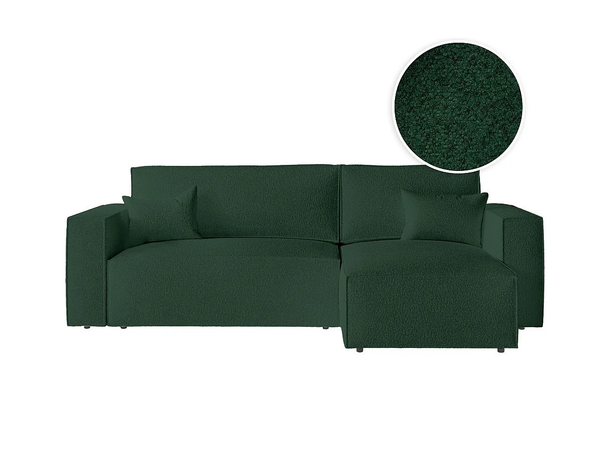 Canapé d'angle 3 places convertible réversible Clarisse avec coffre en tissu bouclette - Vert - L269 x P159 x H89cm - Loungitude