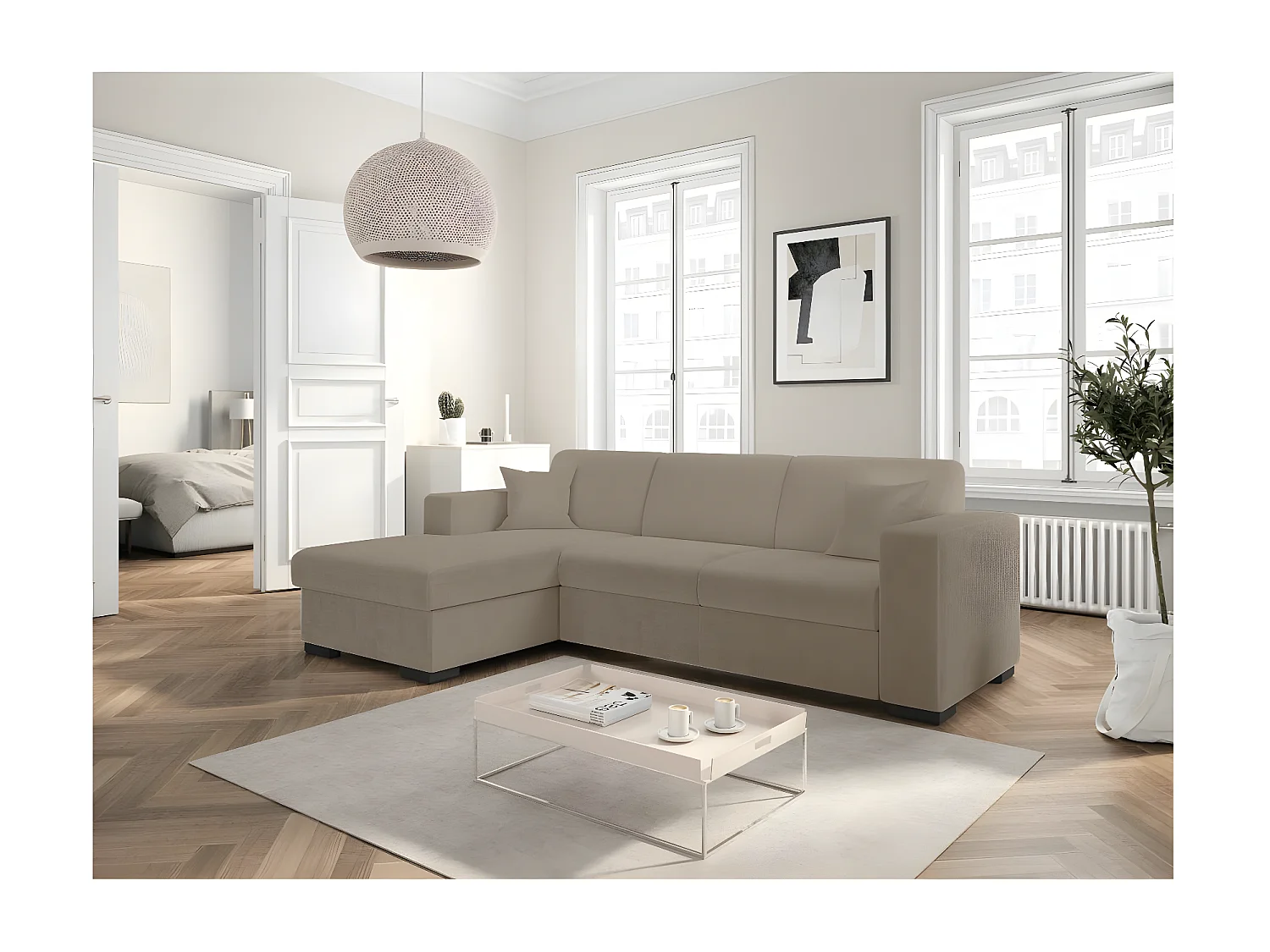 Canapé d'angle gauche 4 places Fuji XL convertible avec coffre en tissu bouclette - Taupe - L262 x P157 x H83cm - Loungitude