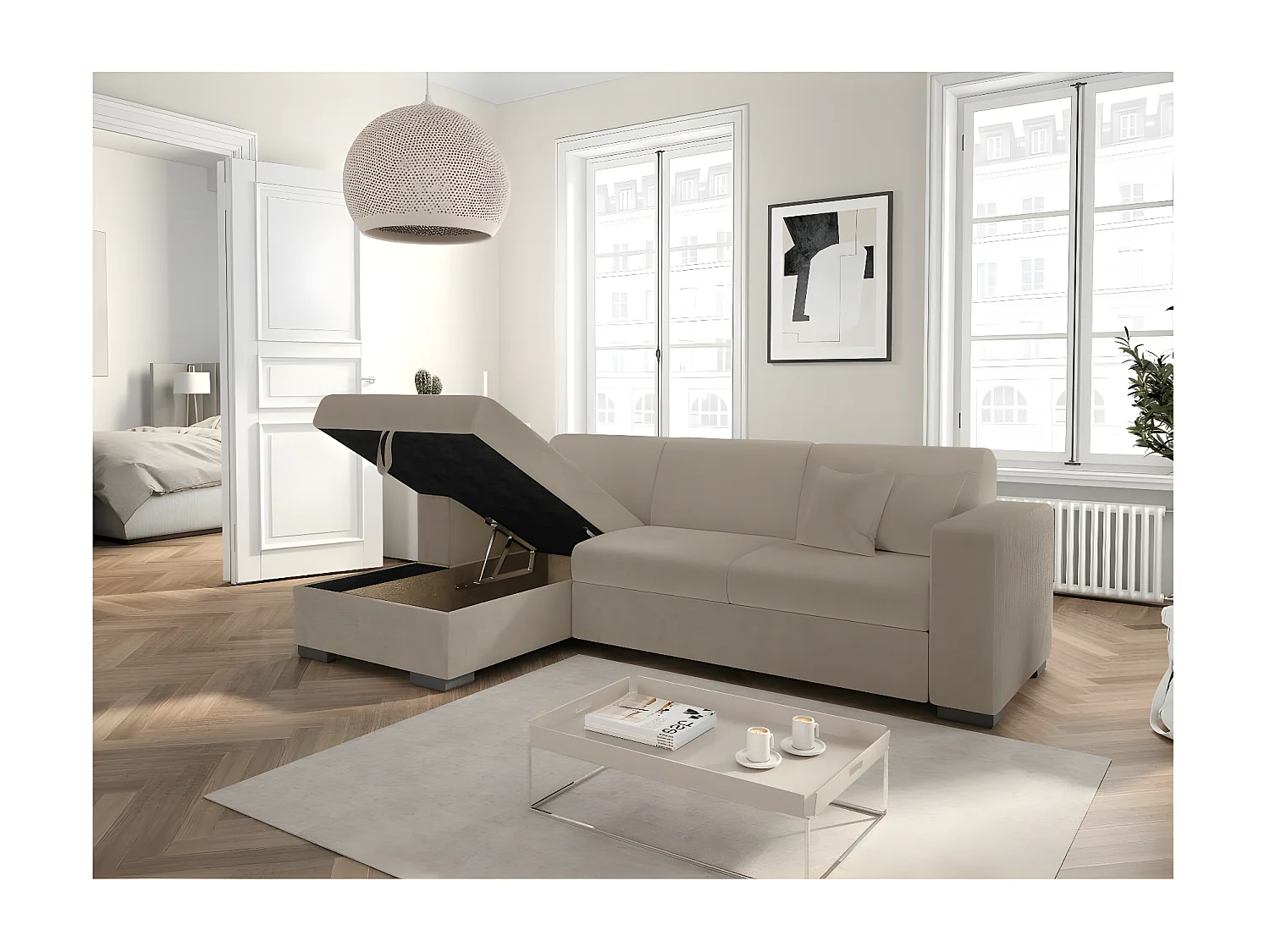 Canapé d'angle gauche 4 places Fuji XL convertible avec coffre en tissu bouclette - Taupe - L262 x P157 x H83cm - Loungitude