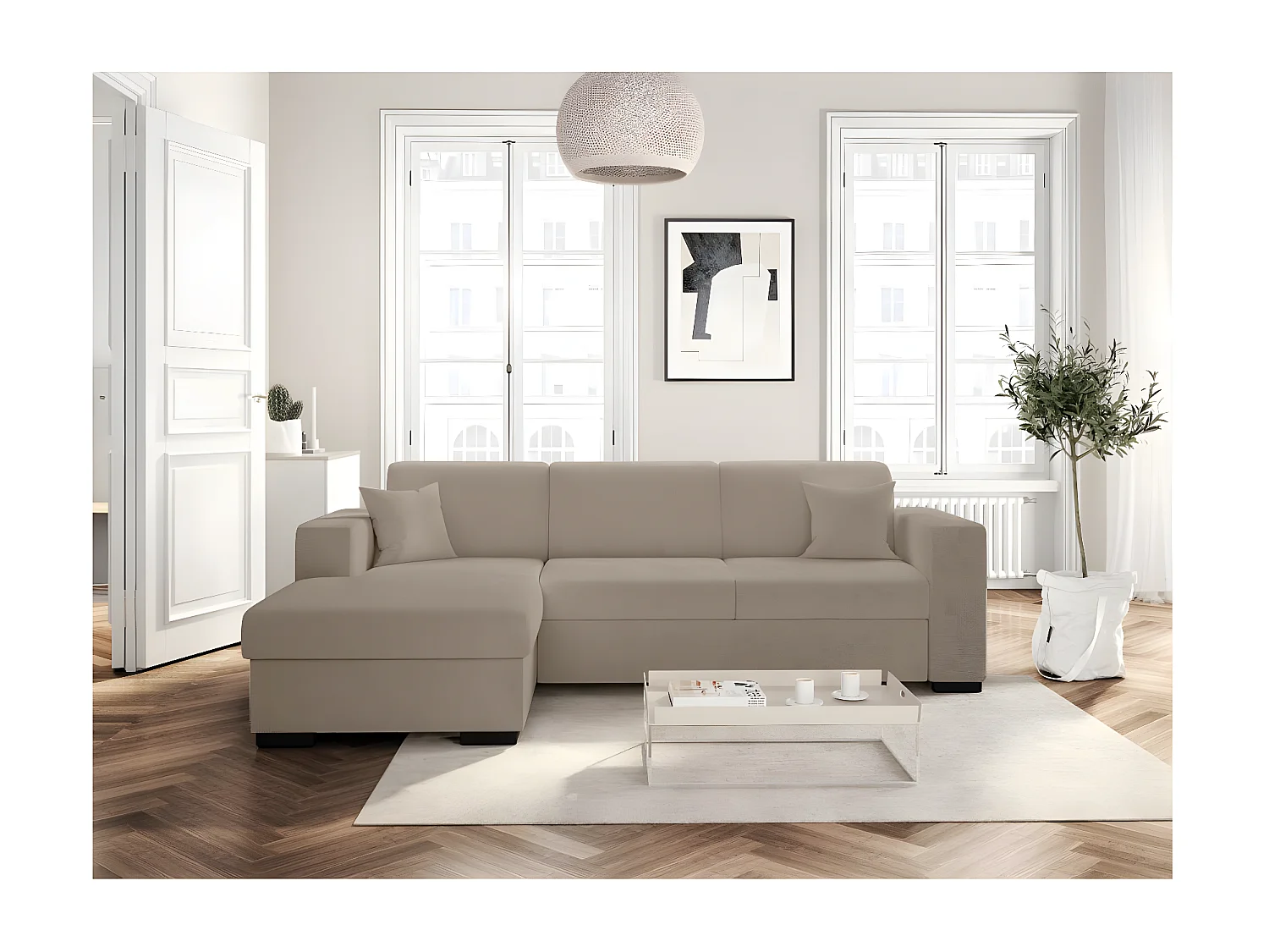 Canapé d'angle gauche 4 places Fuji XL convertible avec coffre en tissu bouclette - Taupe - L262 x P157 x H83cm - Loungitude