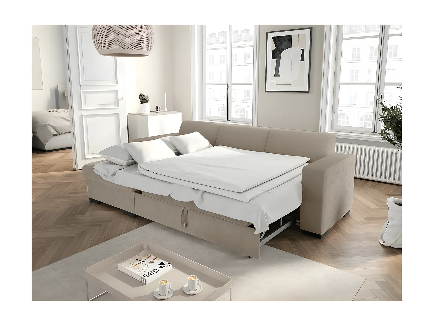 Canapé d'angle gauche 4 places Fuji XL convertible avec coffre en tissu bouclette - Taupe - L262 x P157 x H83cm - Loungitude