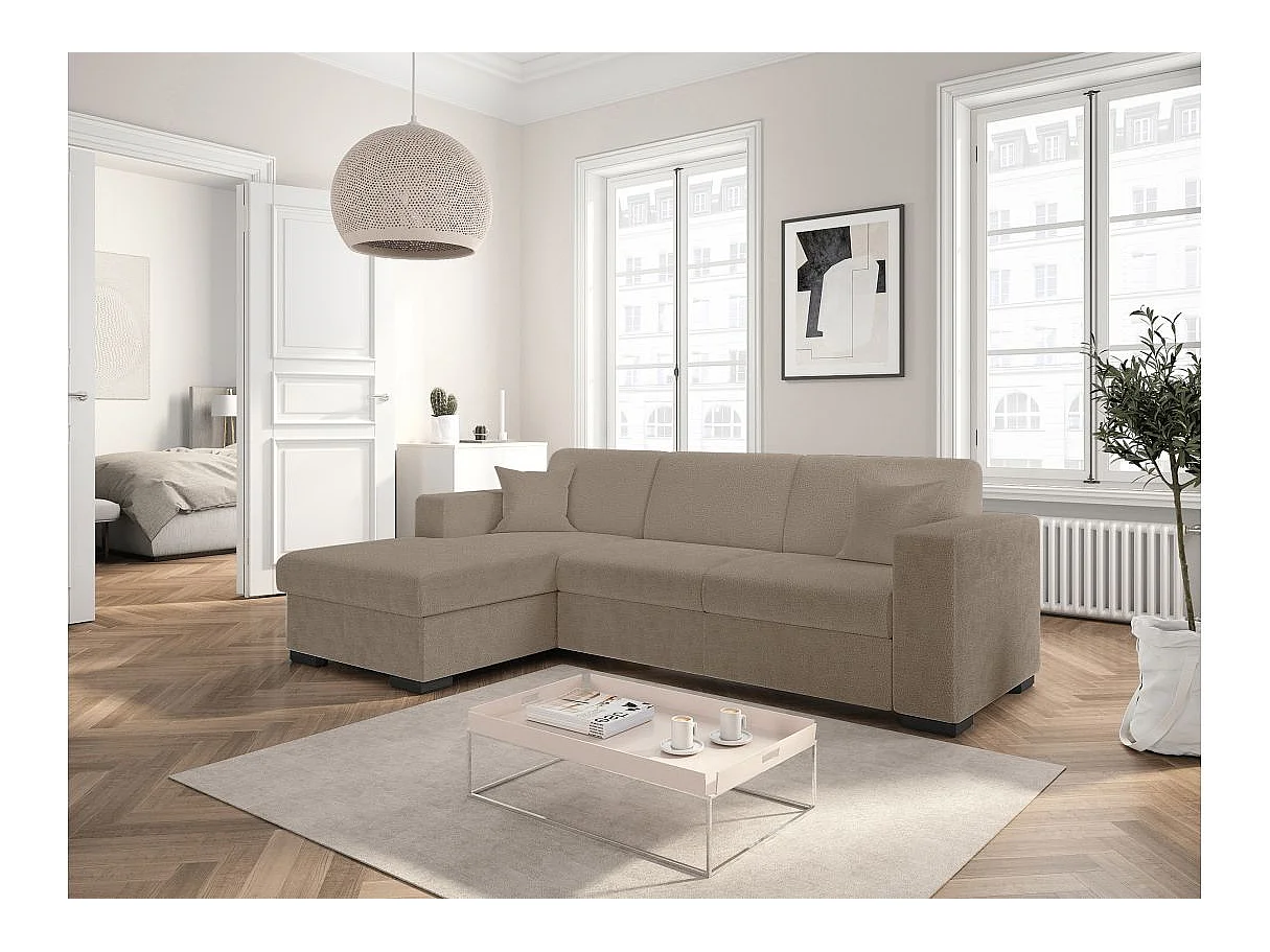 Canapé d'angle convertible 4 places avec coffre en tissu taupe FUJI