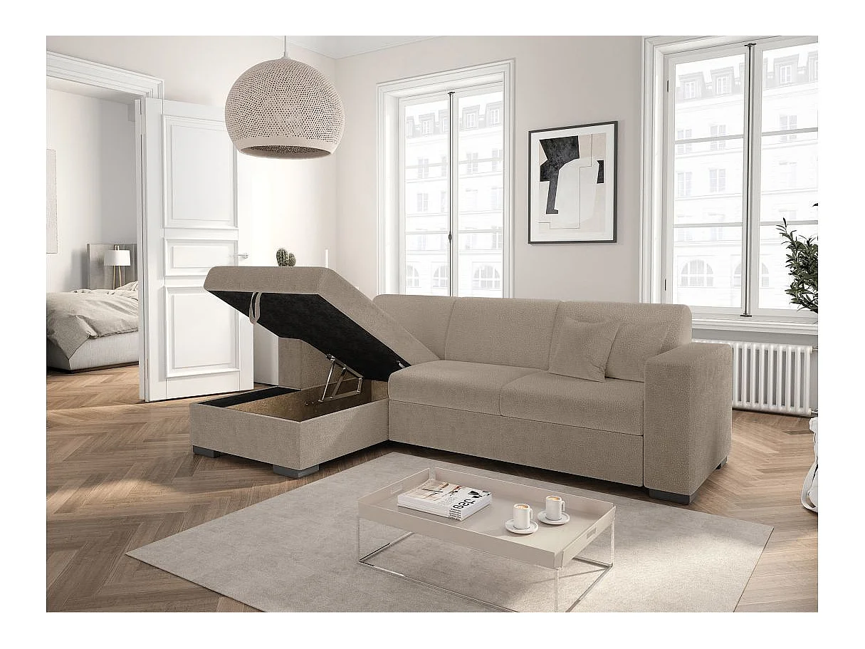 Canapé d'angle convertible 4 places avec coffre en tissu taupe FUJI