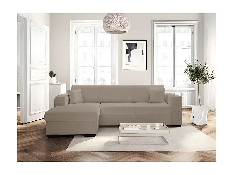 Canapé d'angle gauche 4 places Fuji XL convertible avec coffre en tissu bouclette - Taupe - L262 x P157 x H83cm - Loungitude