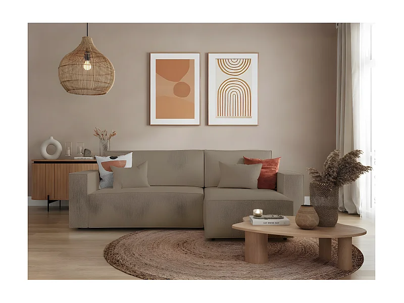 Canapé d'angle 3 places convertible réversible Clarisse avec coffre en tissu bouclette - Taupe - L269 x P159 x H89cm - Loungitude