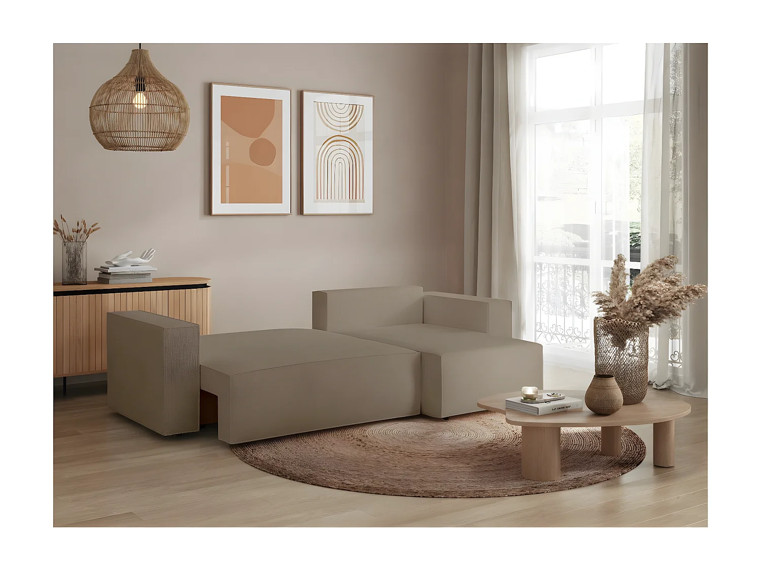Canapé d'angle 3 places convertible réversible Clarisse avec coffre en tissu bouclette - Taupe - L269 x P159 x H89cm - Loungitude