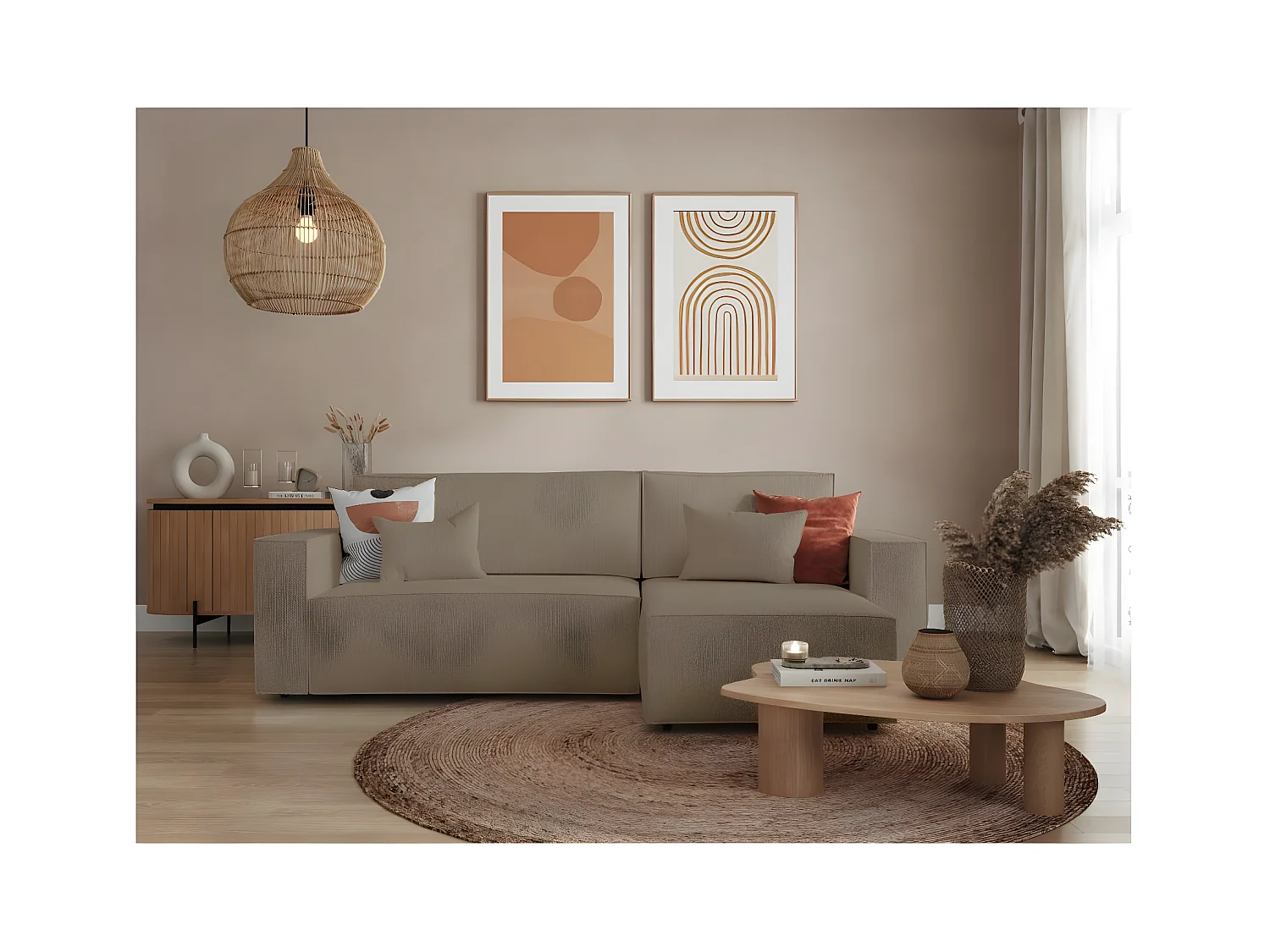 Canapé d'angle 3 places convertible réversible Clarisse avec coffre en tissu bouclette - Taupe - L269 x P159 x H89cm - Loungitude