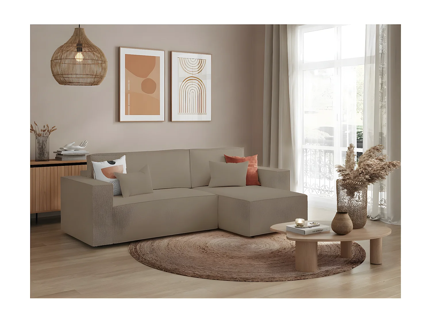 Canapé d'angle 3 places convertible réversible Clarisse avec coffre en tissu bouclette - Taupe - L269 x P159 x H89cm - Loungitude