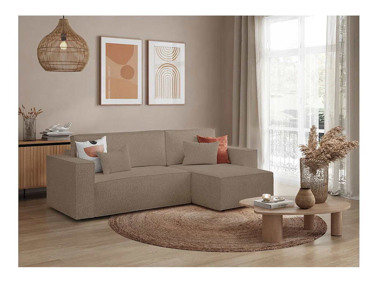Canapé d'angle convertible 3 places avec coffre en tissu taupe