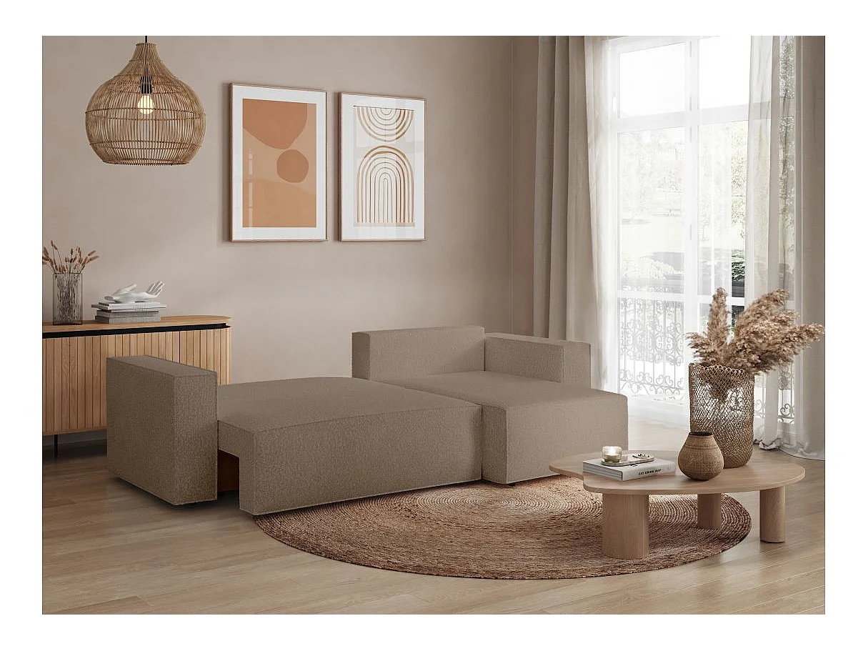 Canapé d'angle convertible 3 places avec coffre en tissu taupe