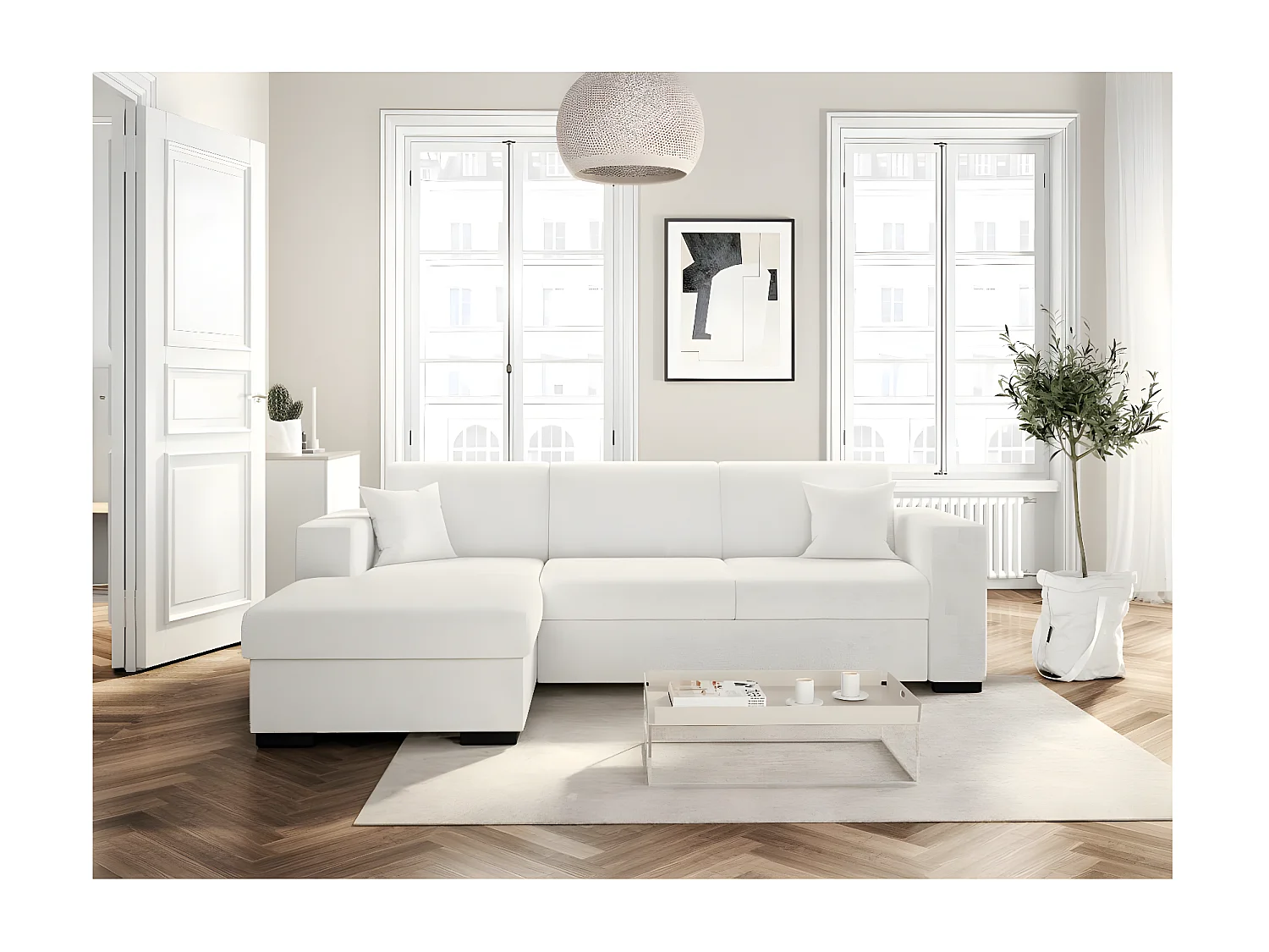 Canapé d'angle gauche 4 places Fuji XL convertible avec coffre en tissu bouclette - Blanc - L262 x P157 x H83cm - Loungitude