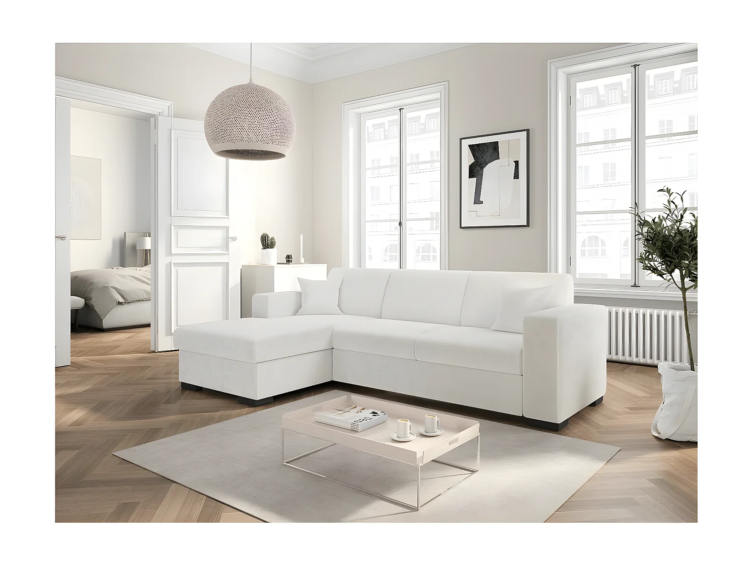 Canapé d'angle gauche 4 places Fuji XL convertible avec coffre en tissu bouclette - Blanc - L262 x P157 x H83cm - Loungitude