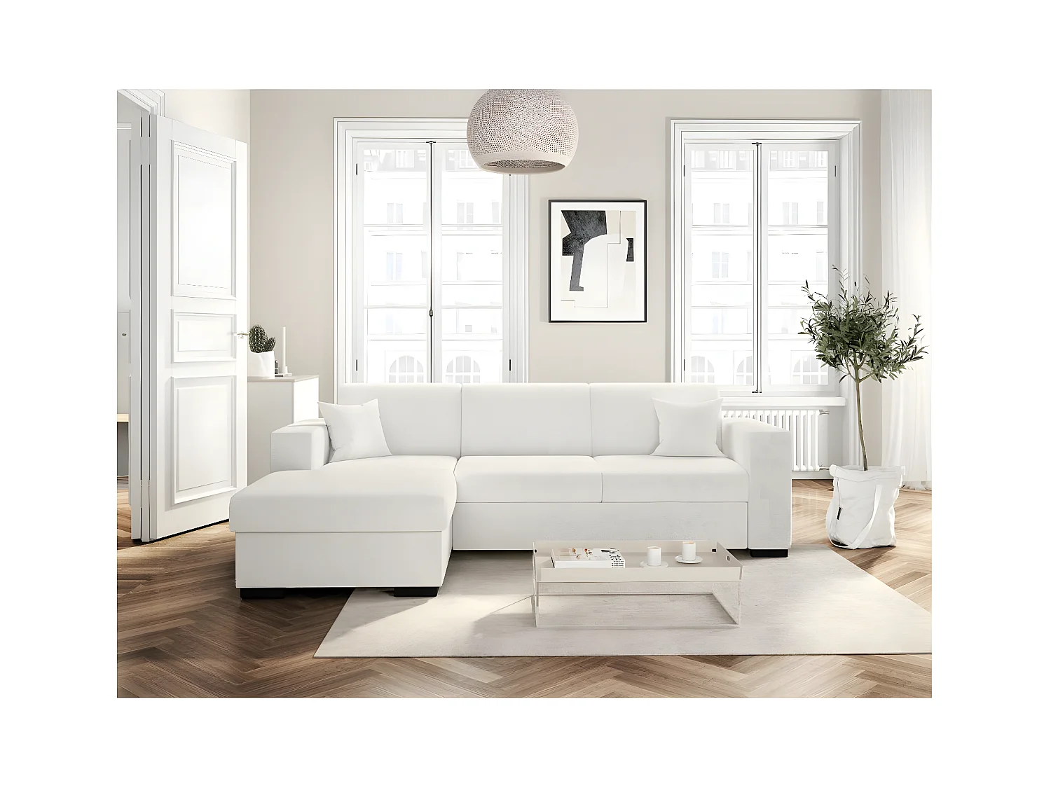 Canapé d'angle gauche 4 places Fuji XL convertible avec coffre en tissu bouclette - Blanc - L262 x P157 x H83cm - Loungitude