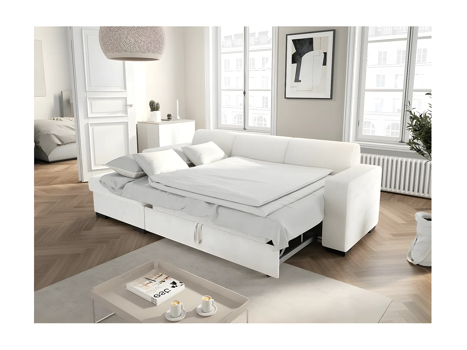 Canapé d'angle gauche 4 places Fuji XL convertible avec coffre en tissu bouclette - Blanc - L262 x P157 x H83cm - Loungitude