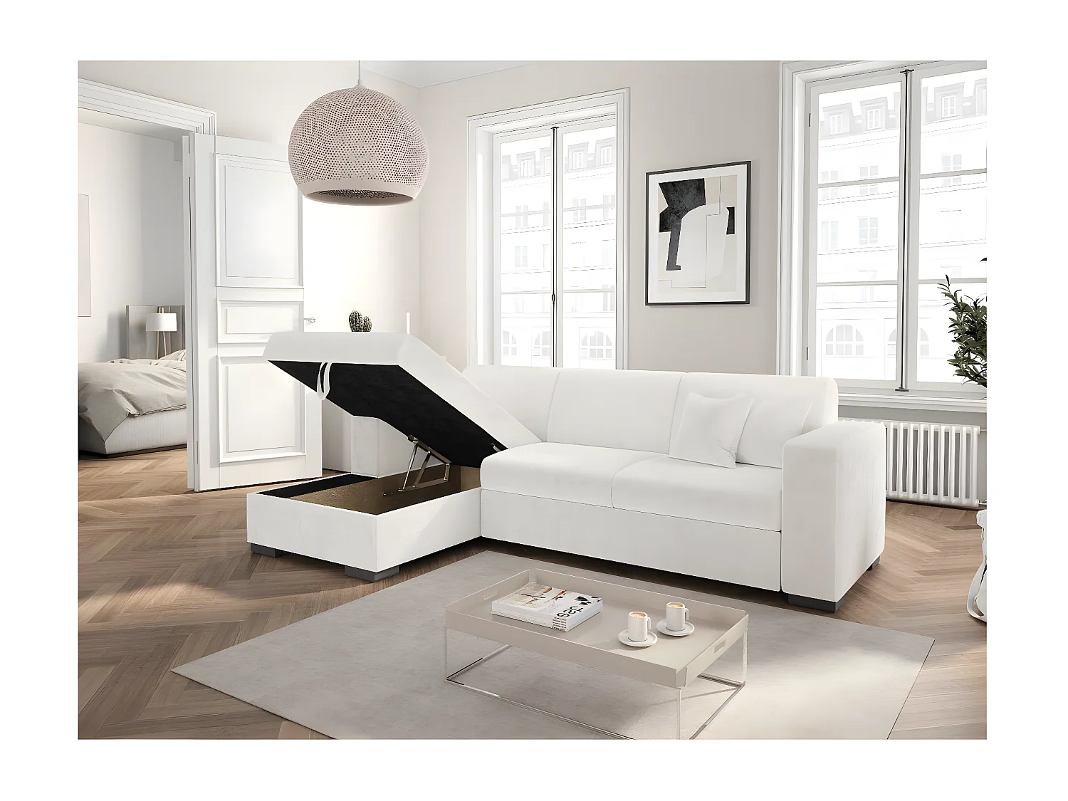 Canapé d'angle gauche 4 places Fuji XL convertible avec coffre en tissu bouclette - Blanc - L262 x P157 x H83cm - Loungitude