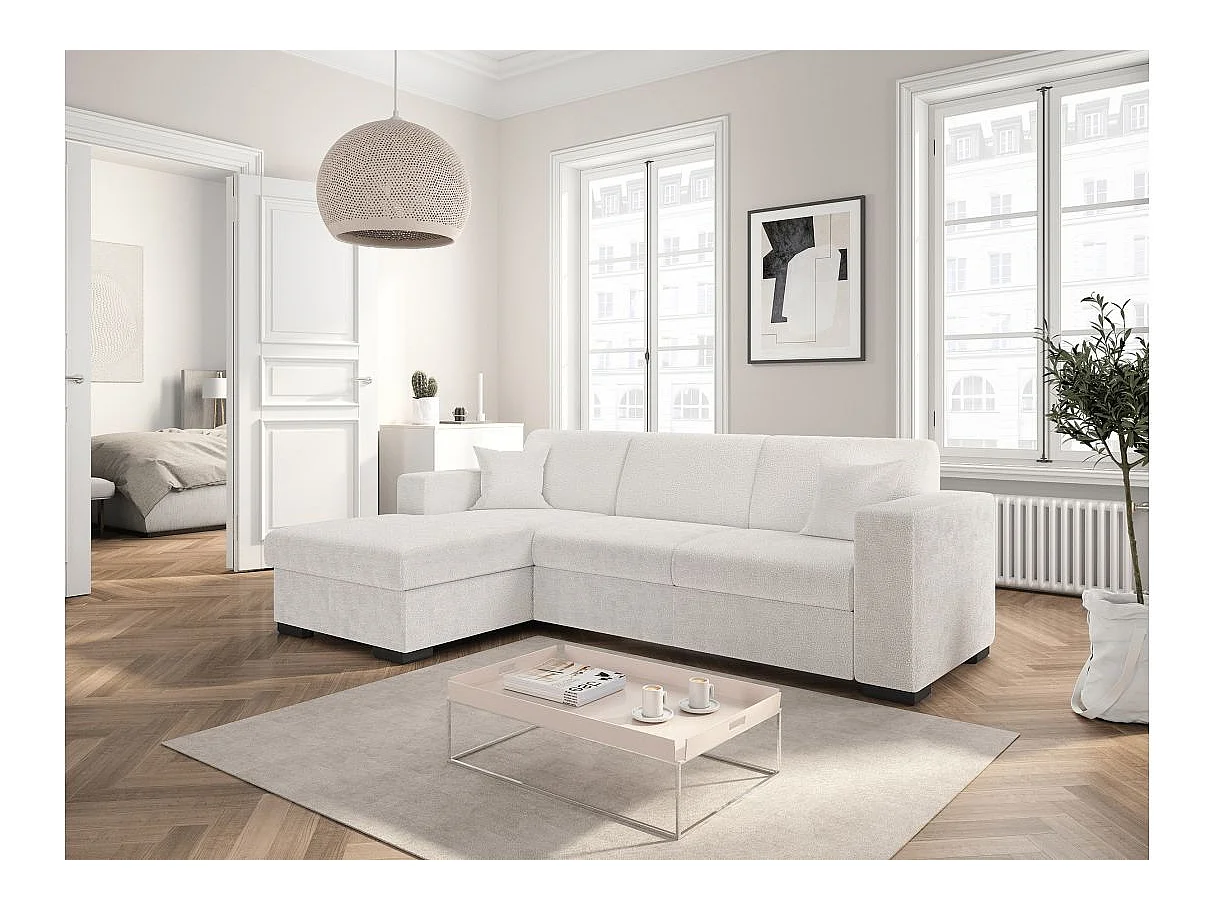 Canapé d'angle convertible 4 places avec coffre en tissu blanc FUJI
