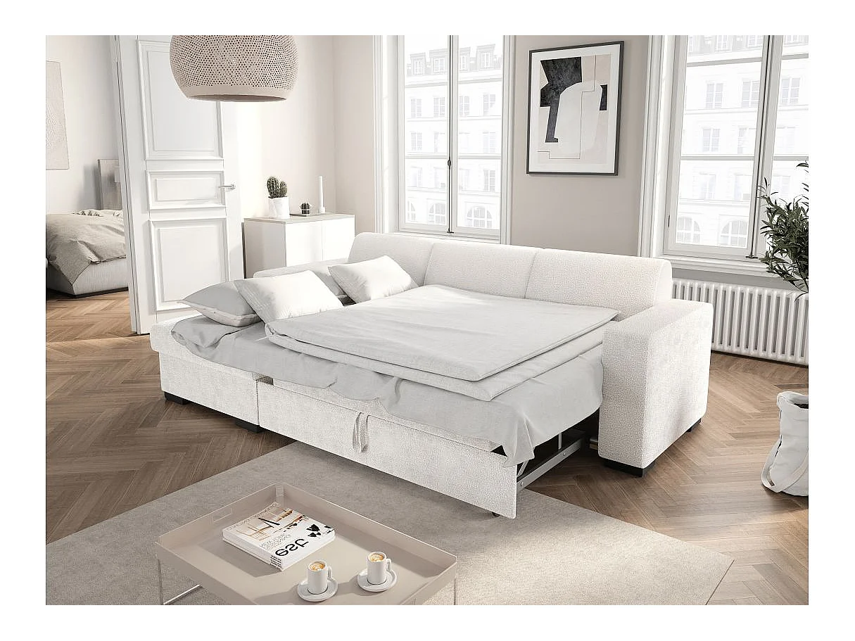 Canapé d'angle convertible 4 places avec coffre en tissu blanc FUJI