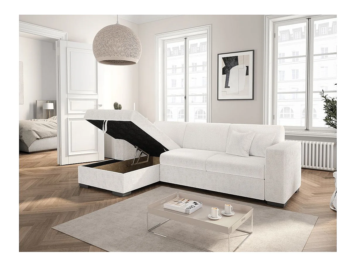 Canapé d'angle convertible 4 places avec coffre en tissu blanc FUJI