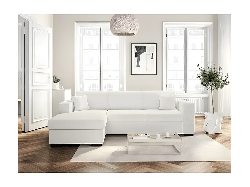 Canapé d'angle gauche 4 places Fuji XL convertible avec coffre en tissu bouclette - Blanc - L262 x P157 x H83cm - Loungitude
