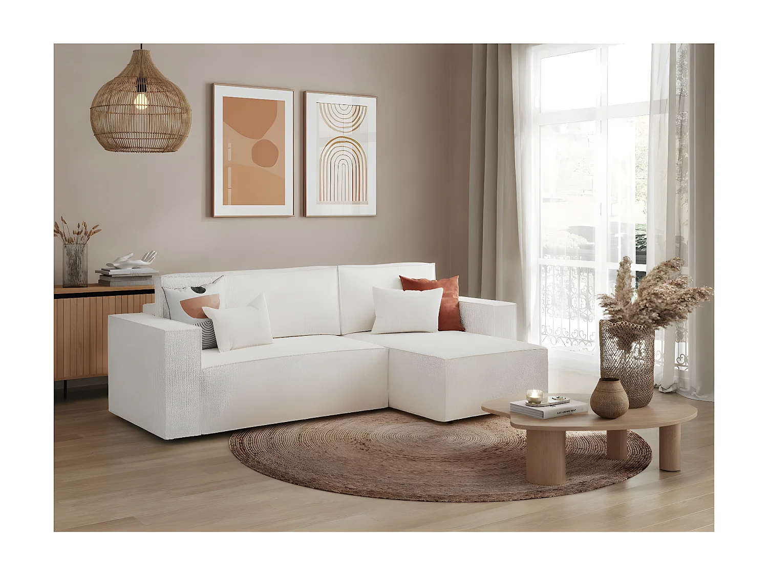 Canapé d'angle 3 places convertible réversible Clarisse avec coffre en tissu bouclette - Blanc - L269 x P159 x H89cm - Loungitude