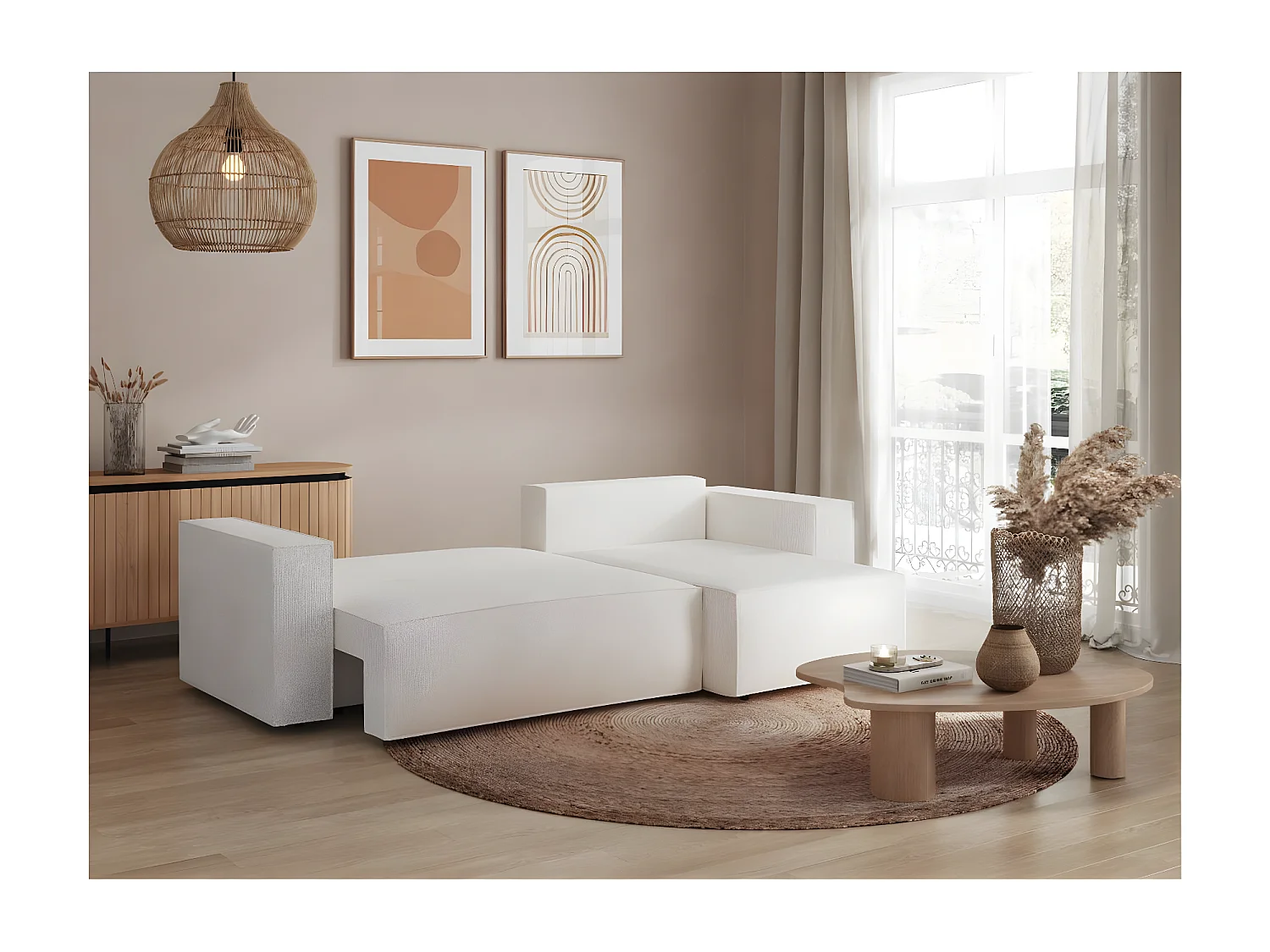 Canapé d'angle 3 places convertible réversible Clarisse avec coffre en tissu bouclette - Blanc - L269 x P159 x H89cm - Loungitude