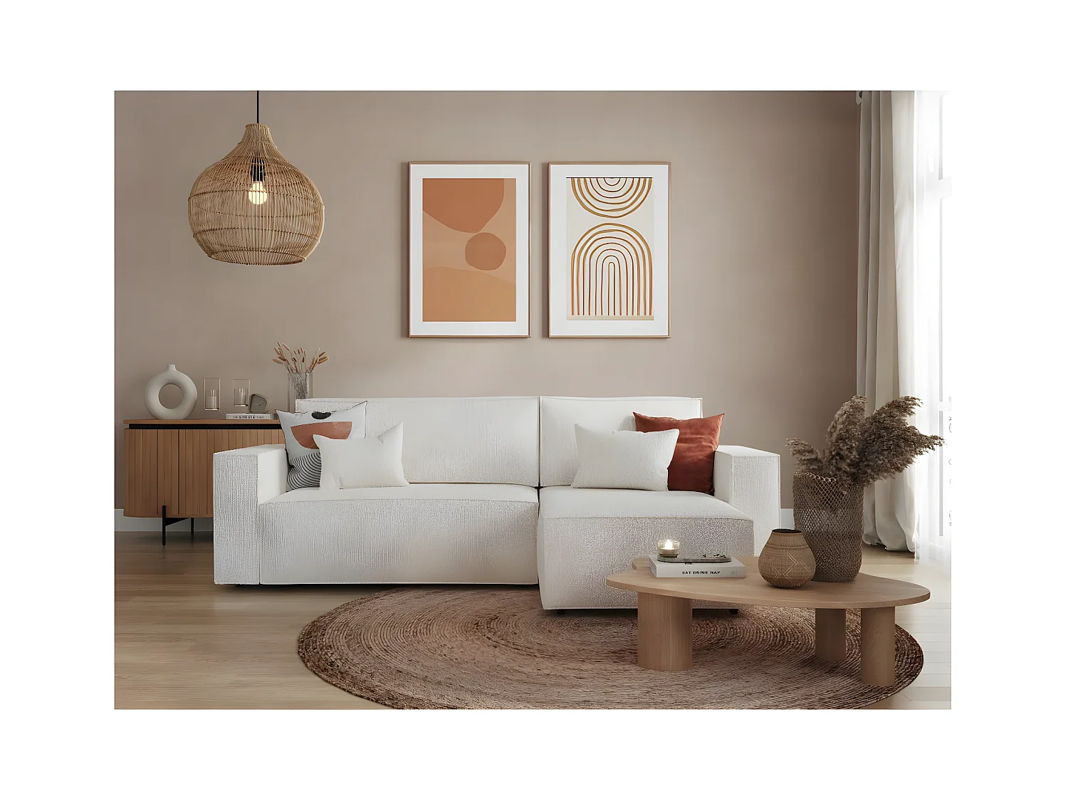Canapé d'angle 3 places convertible réversible Clarisse avec coffre en tissu bouclette - Blanc - L269 x P159 x H89cm - Loungitude