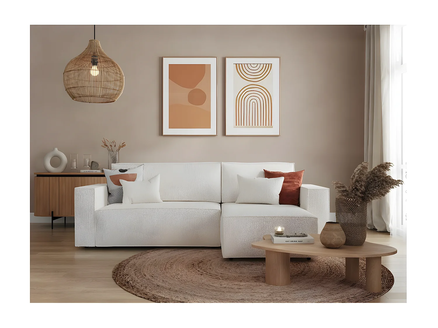 Canapé d'angle 3 places convertible réversible Clarisse avec coffre en tissu bouclette - Blanc - L269 x P159 x H89cm - Loungitude