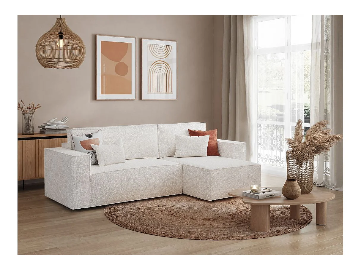 Canapé d'angle convertible 3 places avec coffre en tissu blanc