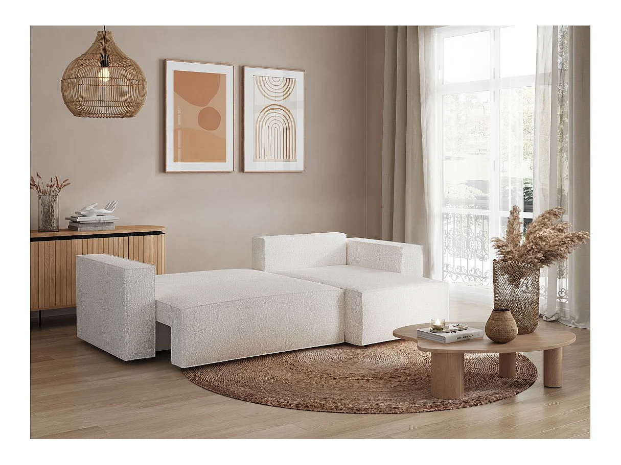 Canapé d'angle convertible 3 places avec coffre en tissu blanc