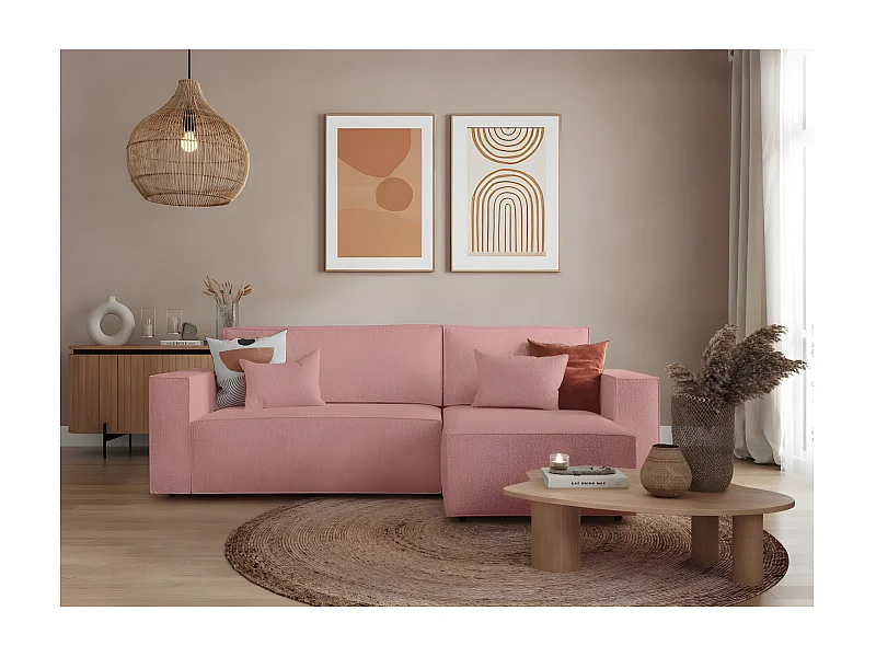 Canapé d'angle 3 places convertible réversible Clarisse avec coffre en tissu bouclette - Rose - L269 x P159 x H89cm - Loungitude