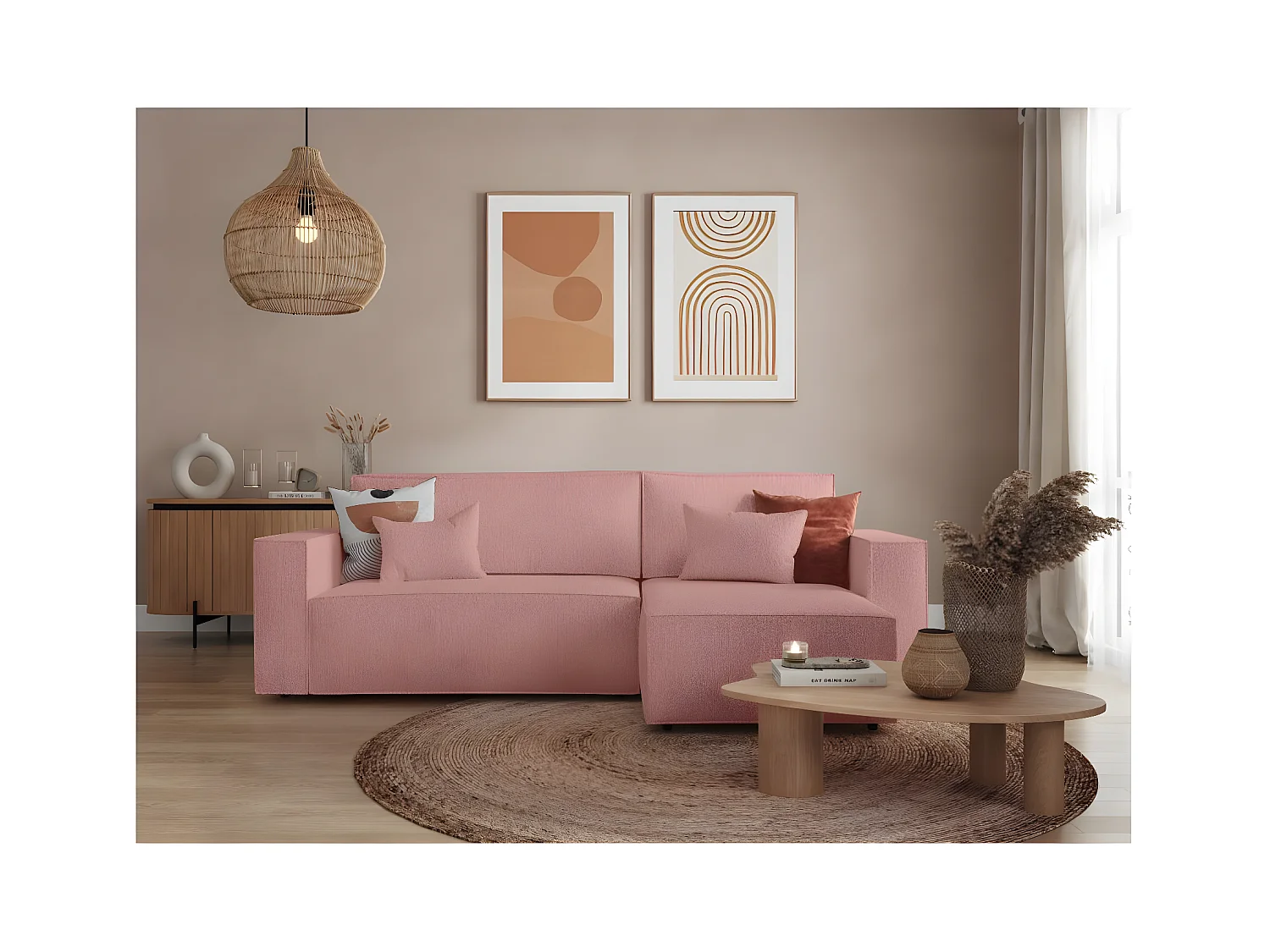 Canapé d'angle 3 places convertible réversible Clarisse avec coffre en tissu bouclette - Rose - L269 x P159 x H89cm - Loungitude