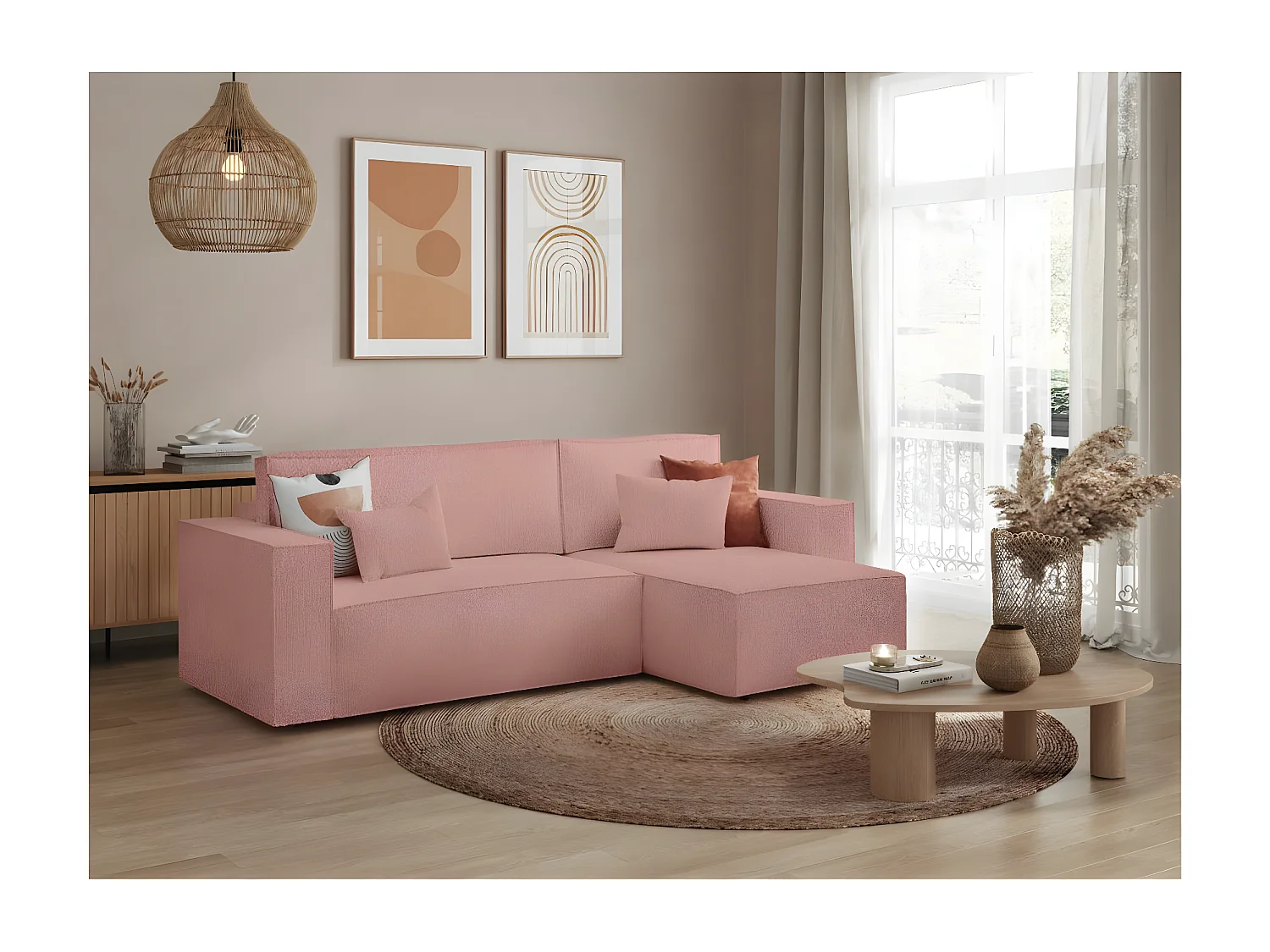 Canapé d'angle 3 places convertible réversible Clarisse avec coffre en tissu bouclette - Rose - L269 x P159 x H89cm - Loungitude