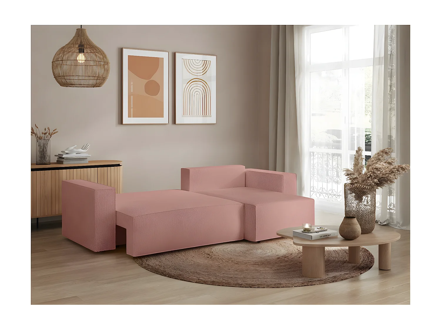 Canapé d'angle 3 places convertible réversible Clarisse avec coffre en tissu bouclette - Rose - L269 x P159 x H89cm - Loungitude