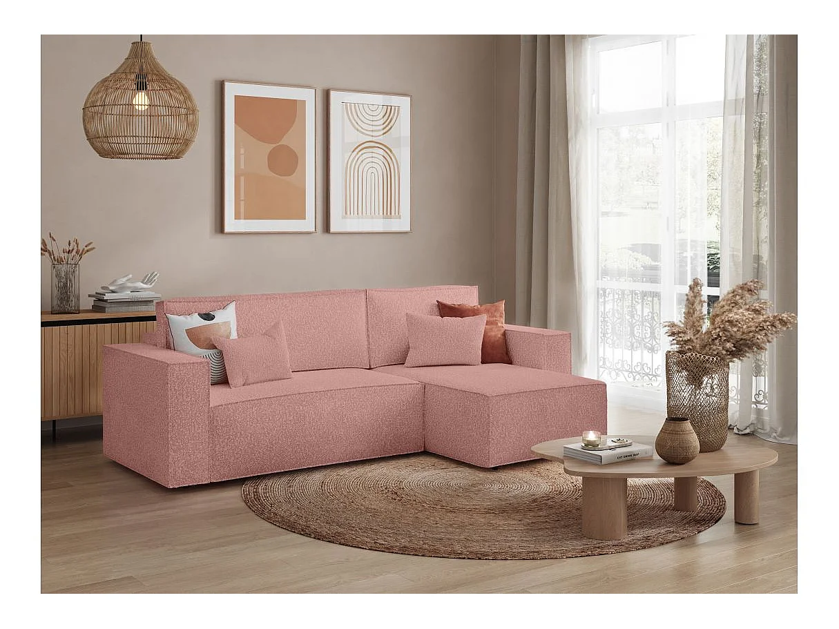 Canapé d'angle convertible 3 places avec coffre en tissu rose