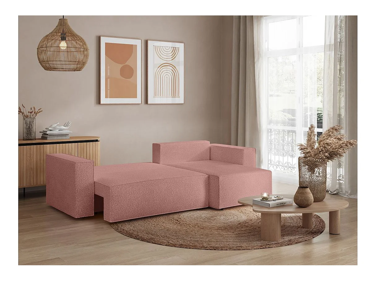 Canapé d'angle convertible 3 places avec coffre en tissu rose