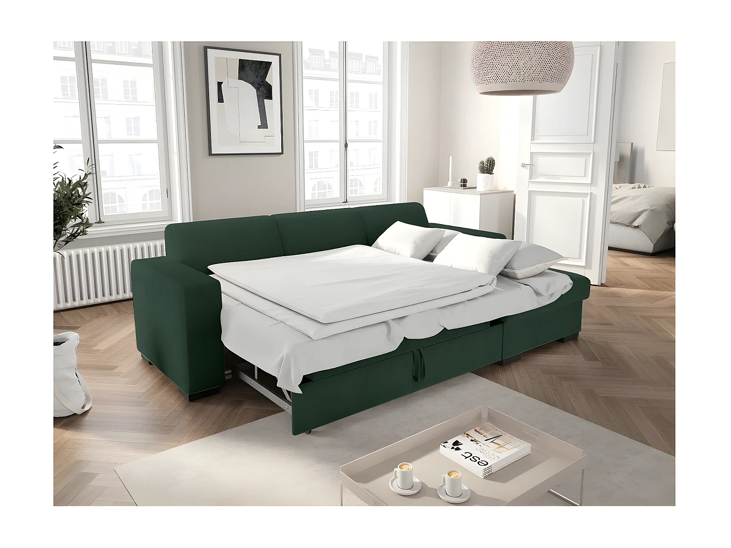 Canapé d'angle droit 4 places Fuji XL convertible avec coffre en tissu bouclette - Vert - L262 x P157 x H83cm - Loungitude